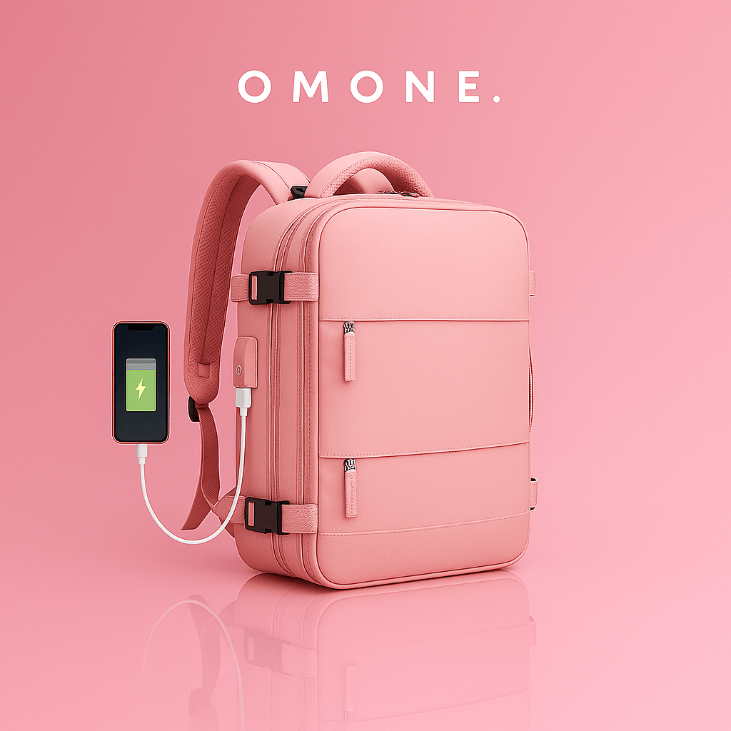 Sac à dos rose pastel avec port USB intégré – confortable et léger – OMONE
