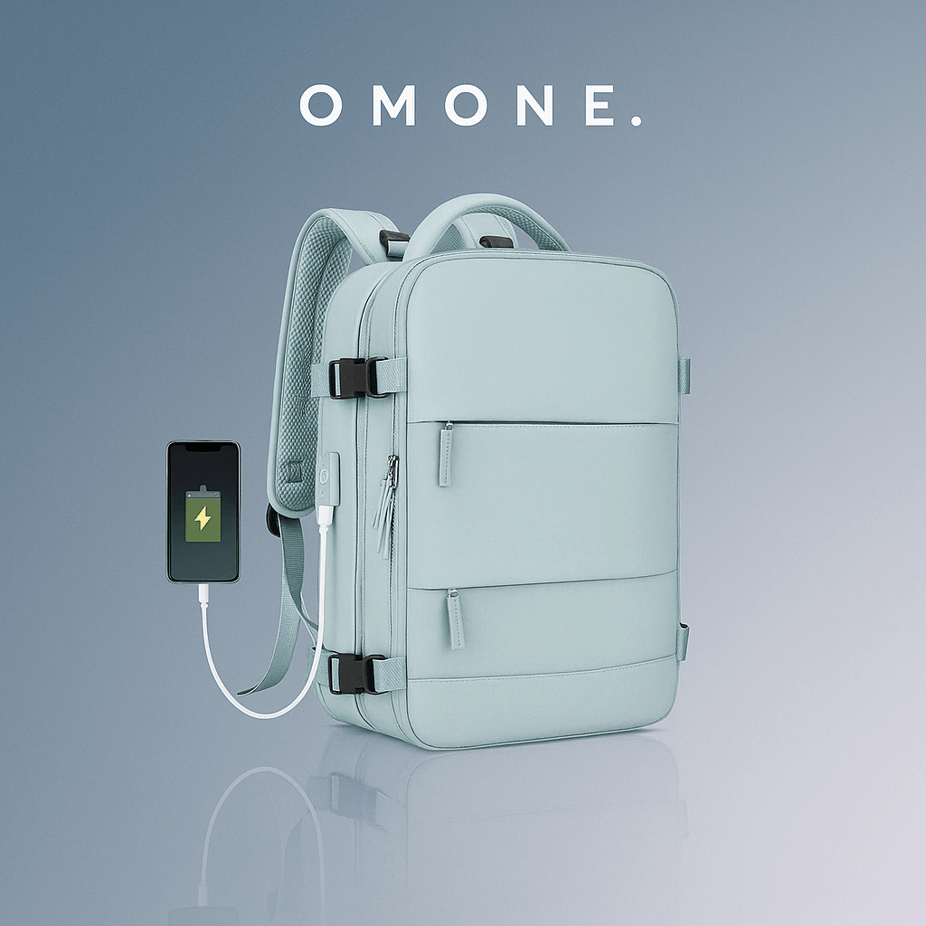 Sac à dos bleu clair avec port USB – étanche et compartiments multiples – OMONE